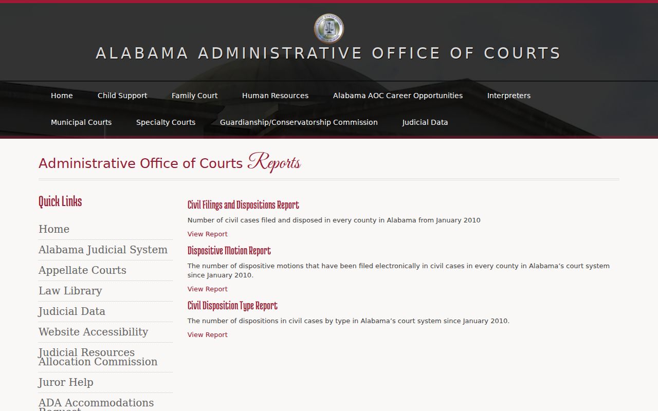 Alabama court records and civil docket data portal from the Administrative Office of Courts
