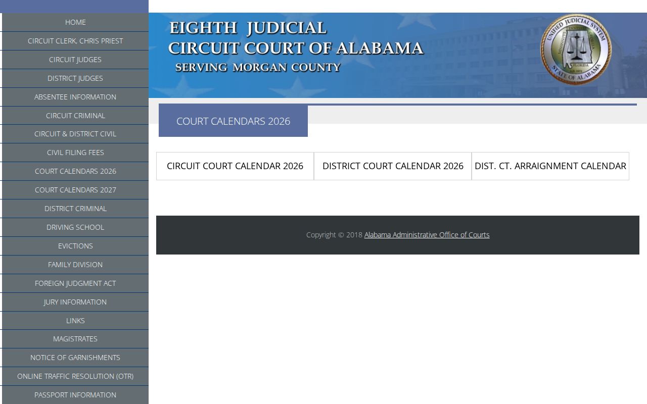 Alabama court dates on a county Circuit and District calendar page with links to hearing PDFs