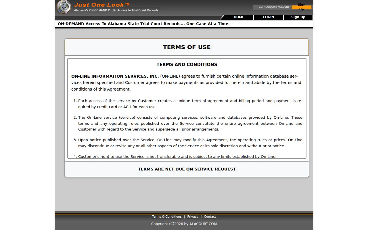 Alabama court case search terms and fees for court records