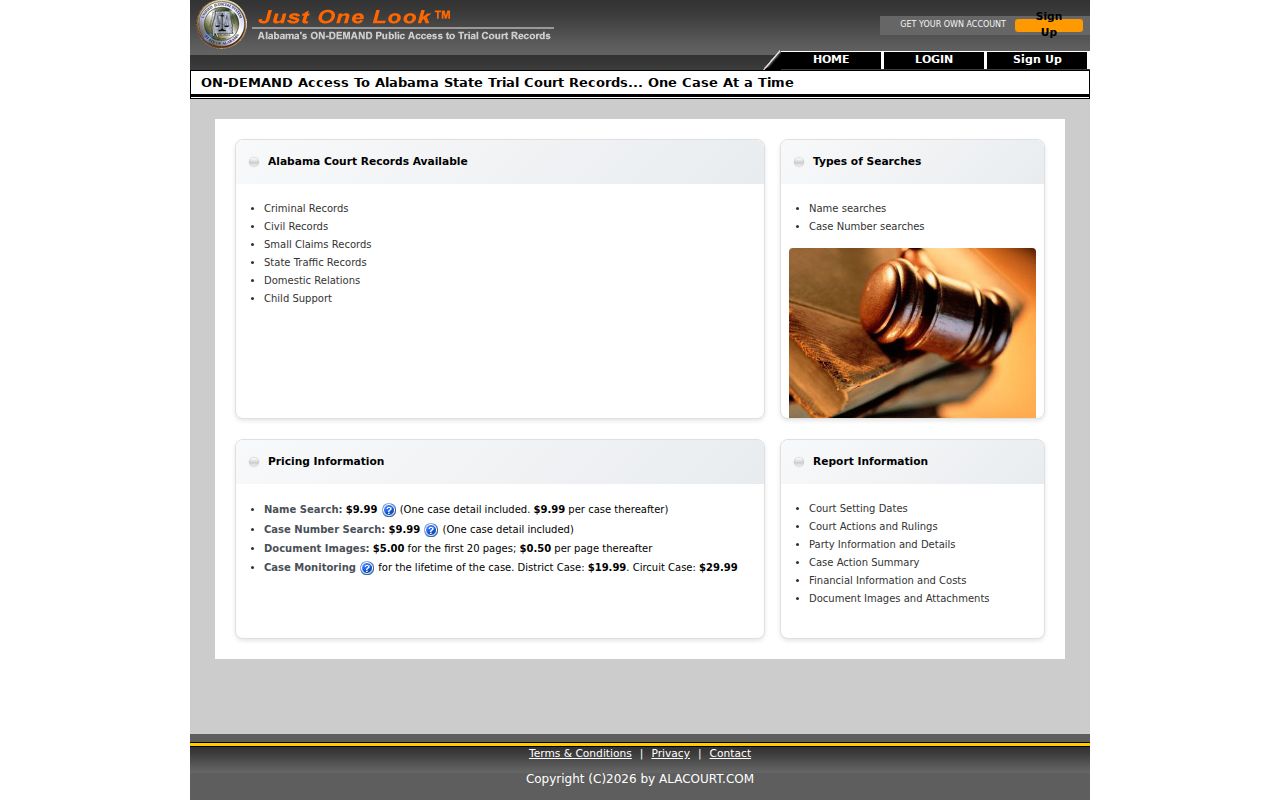 Alabama statewide trial-court case search categories and lookup options
